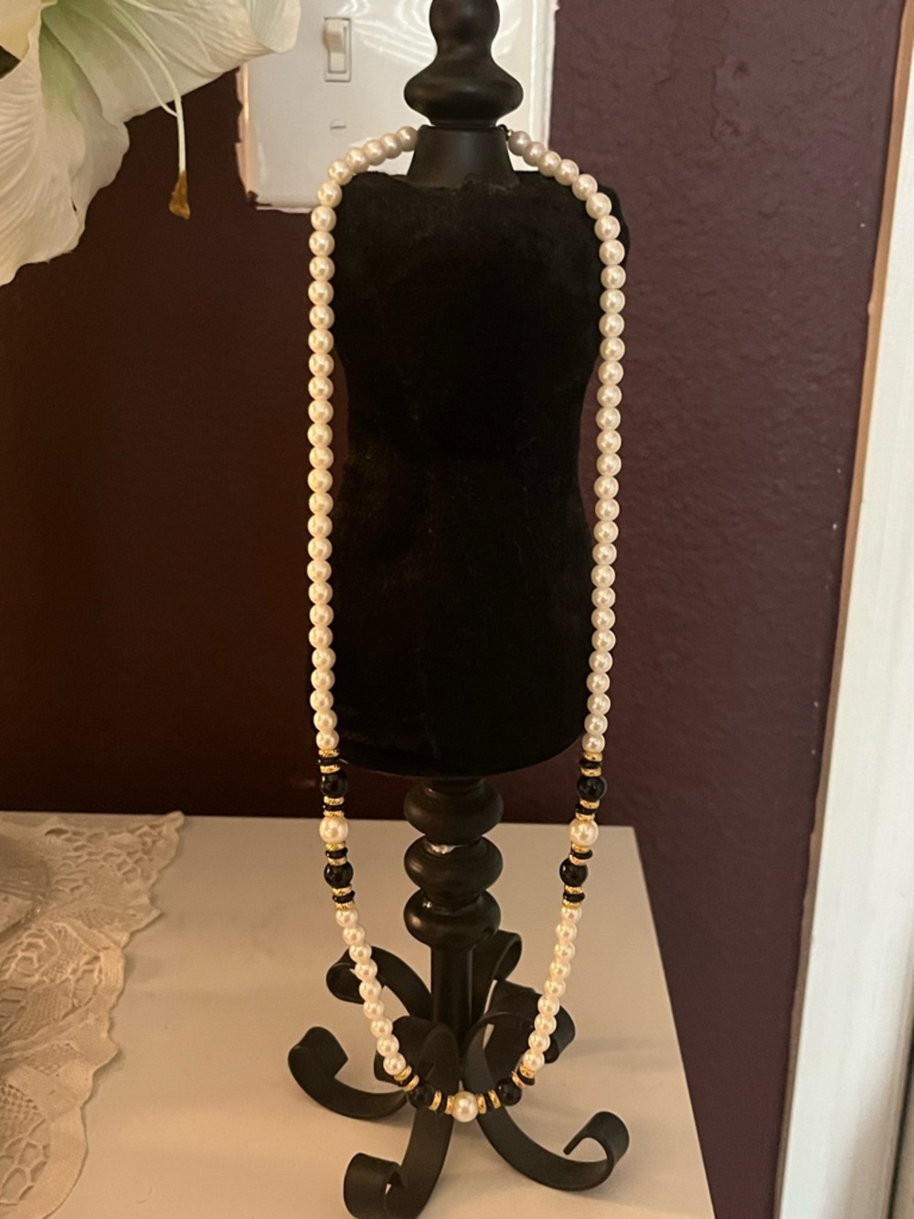 Vintage Monet Faux Pearl and Black Bead Necklace